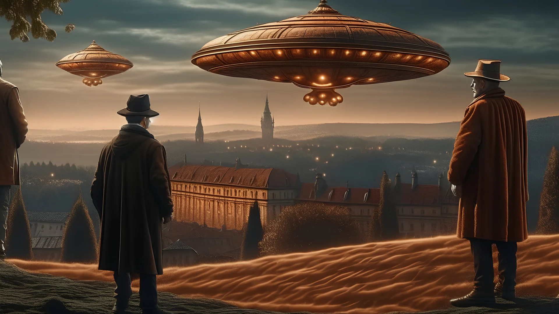 two peasants witnessing ufo flying saucer landing in 1493, Prague in the background, beautiful detailed intricate insanely detailed 3D render digital art, octane render, 8K artistic portrait photography, photorealistic digital art, realistic volumetric lighting, trending on Artstation illustration