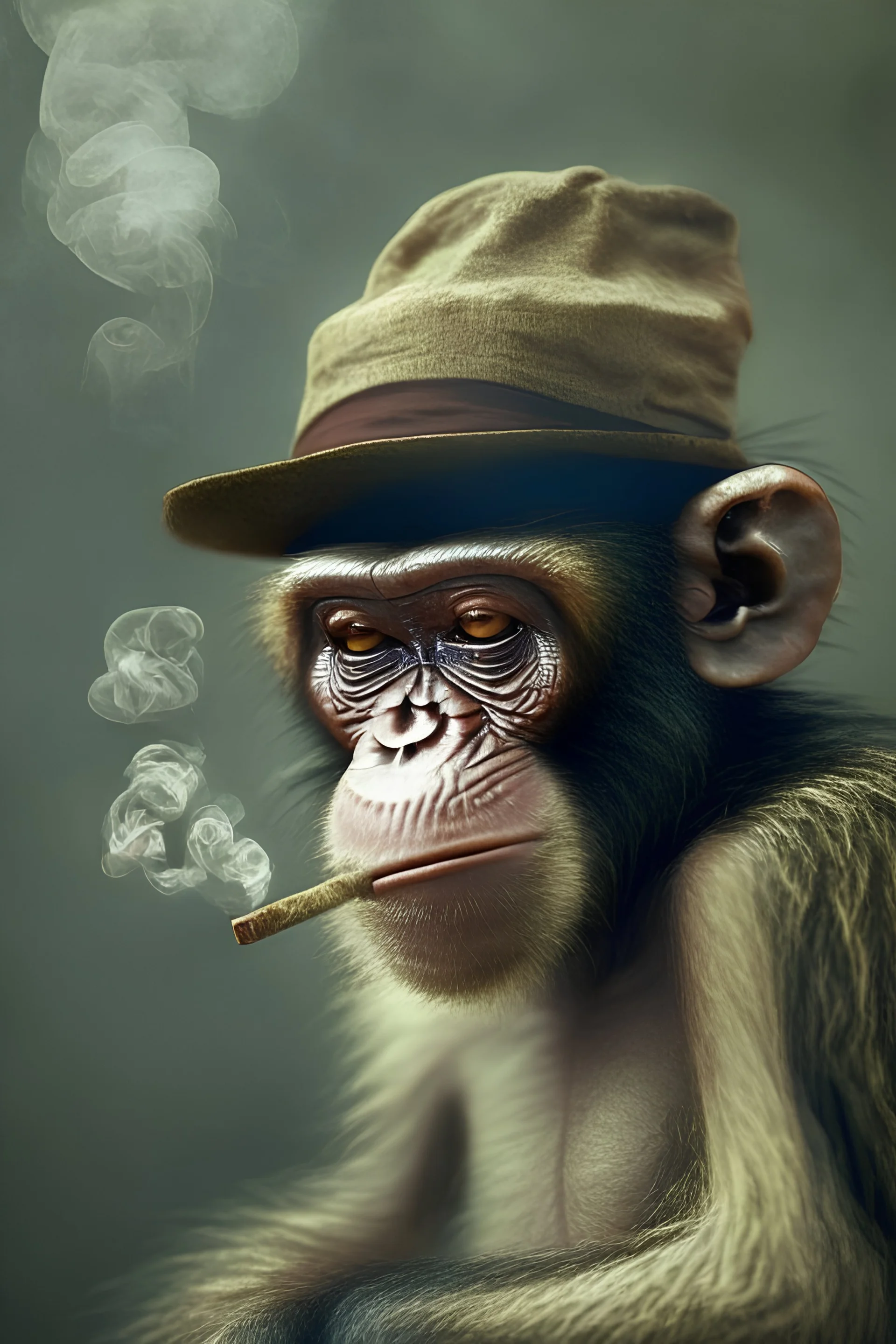 smoking monkey and it wear hat