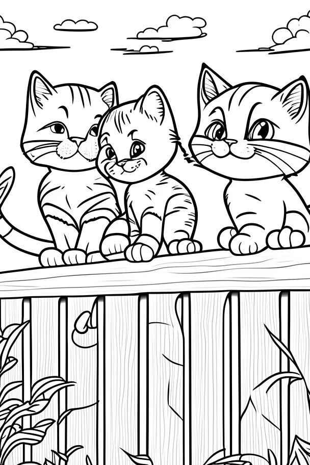 coloring page for kids, Cats on a fence, cartoon style, thick lines, low detail, no shading