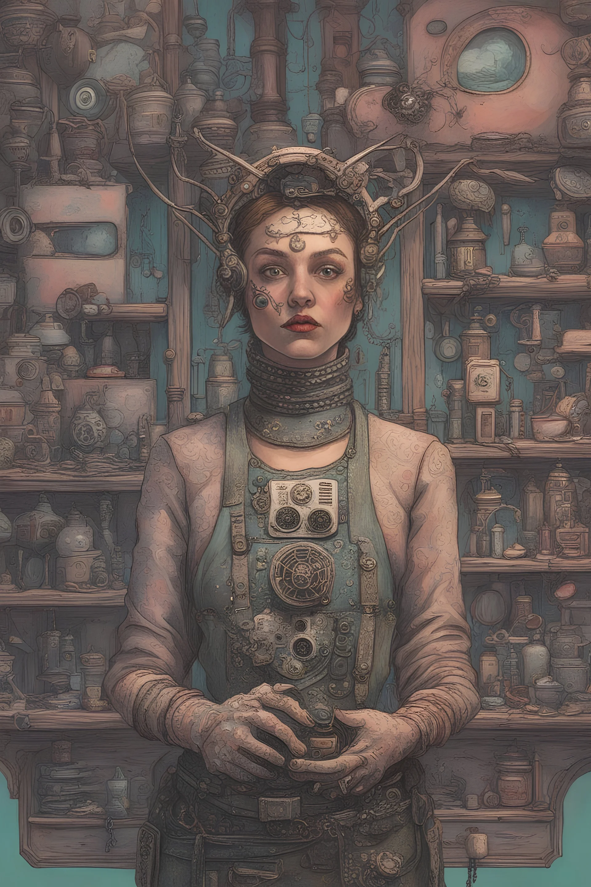 Cyberpunk wunderkammer painted by Frida , unsane details, soft colors