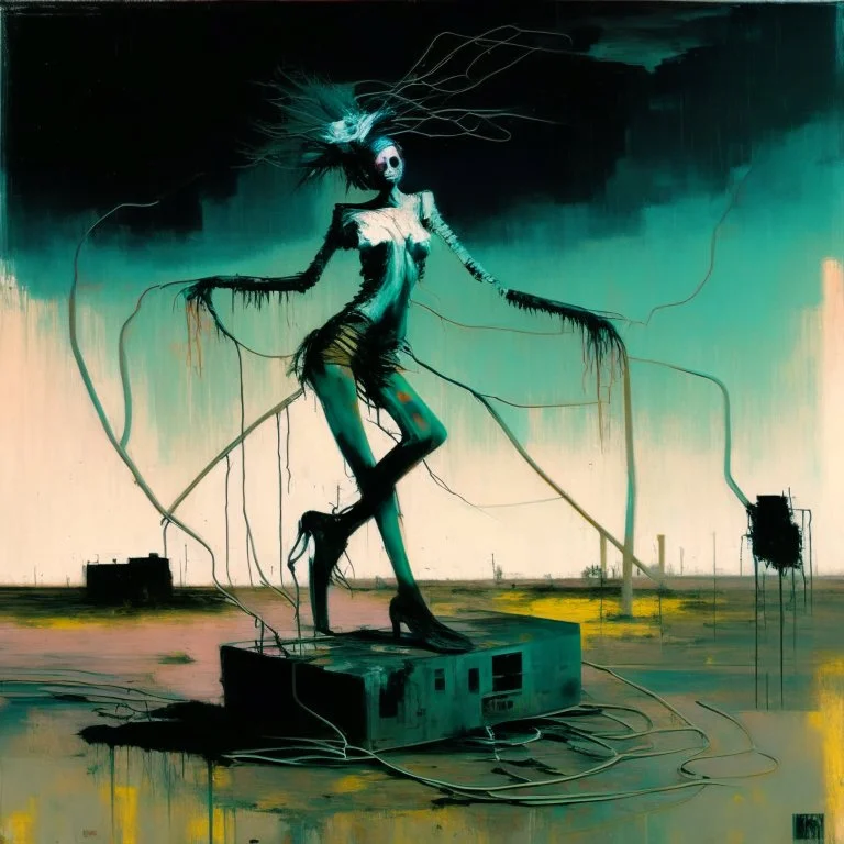 Dystopian future women with a twisted body dancing with retro monitor head and handing wires. In desolate landscape at night. With a concrete decaying block. Abstract oil painting in style of Justin Mortimer