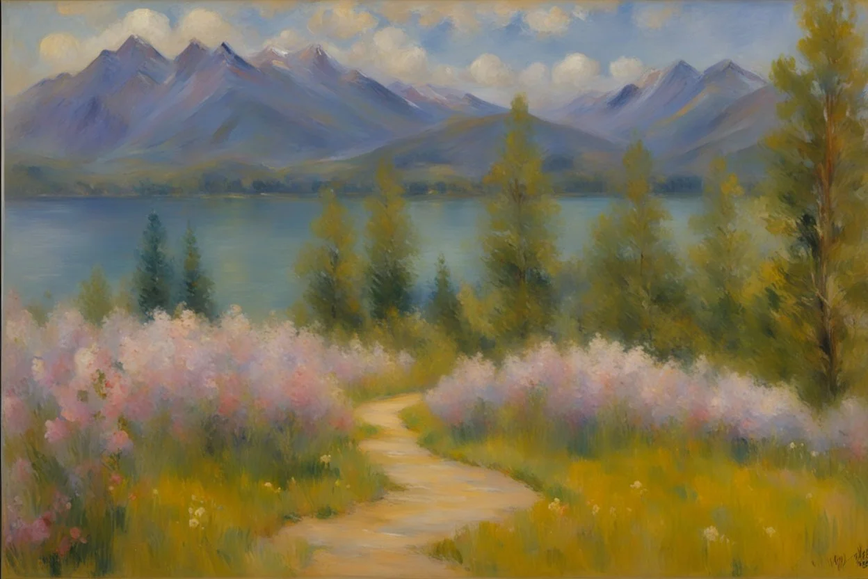 Mountains, lake, flowers, pathway, pine trees, clouds, philip wilson steer impressionism painting