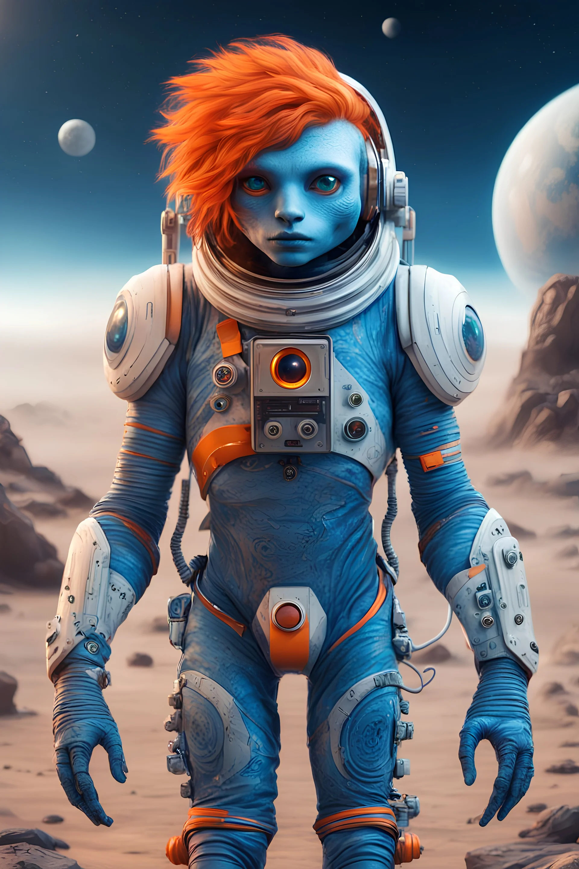 Astronauta reptil color azul, con ojos grandes, cabello anaranjado,con tatuajes y con accesorios tecnológicos. Plano cuerpo entero. Universo de fondo.