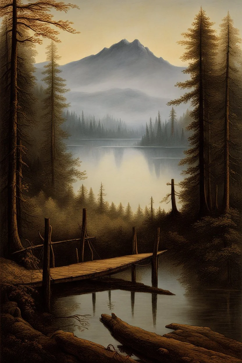 A stunning, high-resolution image of a masterpiece by Caspar David Friedrich, a renowned German Romantic landscape painter. The painting features a serene lake surrounded by towering trees, with a small wooden bridge stretching across the water. In the distance, a misty mountain range is visible. The overall atmosphere is one of tranquility and awe-inspiring beauty.