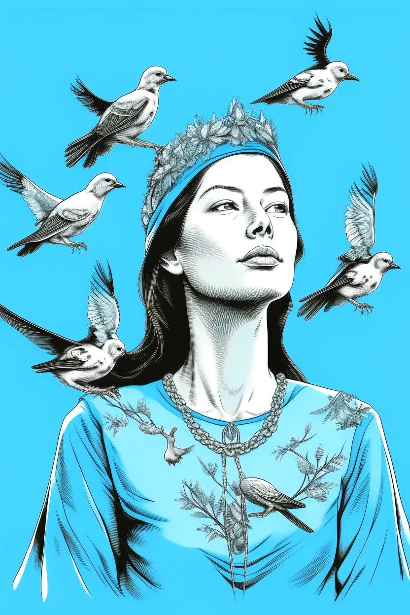 woman queen birds sky blue