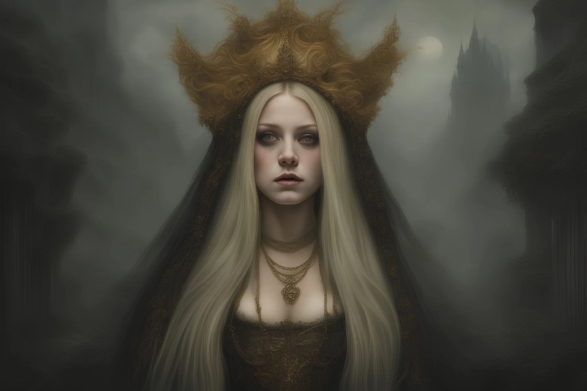 AVRIL LAVIGNE, beautiful and highly detailed face, meticulously detailed GOLD hair, strange witch; ethereal fantasy hyperdetailed mist, maximalist matte painting, polished, realistic oil painting; Victorian era portrait painting, old fashioned, vintage, antique, beautiful, bleak environment, gothic, spooky, eldritch, 16k