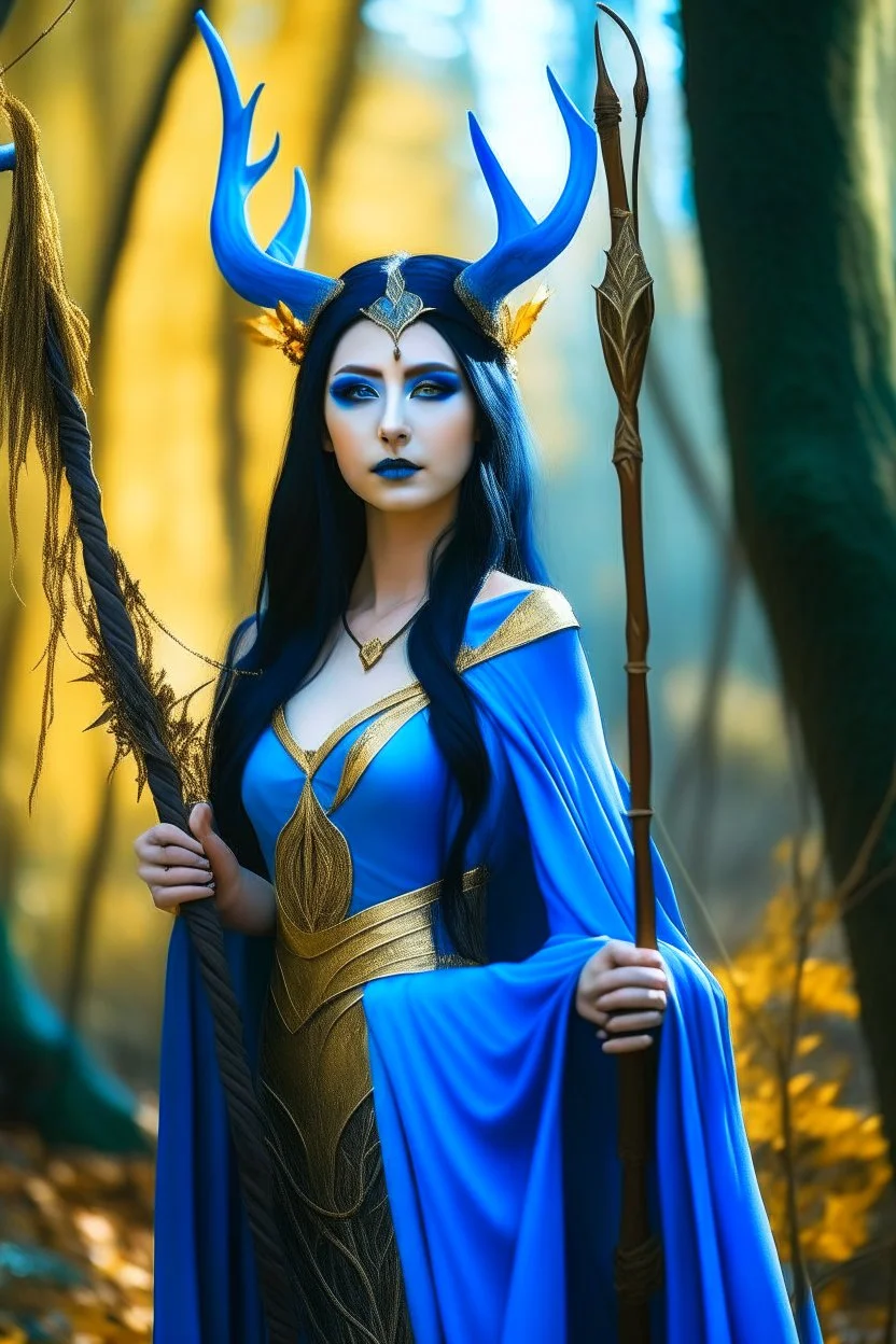 A picture of a beautiful blue faced Korean goddess with skin painted blue, blue body, blue torso, wild black hair, stag antlers, elven ears, golden skirt, holding a staff in a sunny forrest