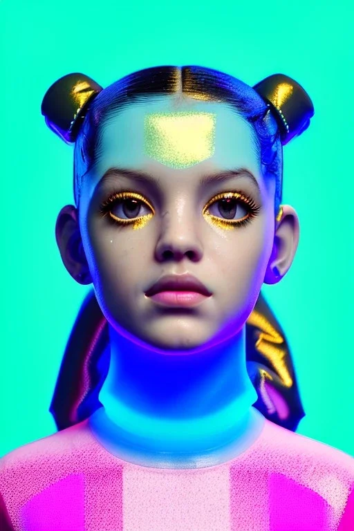 Rosalía artist, Realistic image, natural waist up portrait, perfect eyes, glow, eye liner. sweet face, pigtails hair, spray line make up, glow. lips, gold. big rings piercing, led ornament, pearls. inflatable latex coat, cold, led lights, minimal, neon, pink, blue, gold, vibrant color, highly detailed, art stations, concept art, smooth, unreal engine 5, god lights, ray tracing, RTX, lumen lighting, ultra detail, volumetric lighting, 3d, finely drawn, high definition, 4k.