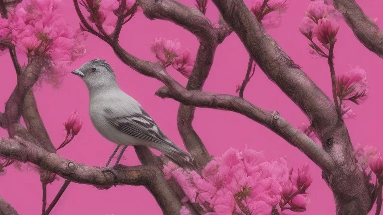 A bird drawing in a tree with a lot of pink flowers.