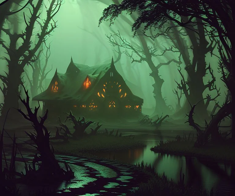 dynamic lighting, Intricately detailed, Splash screen art, deep color, Unreal Engine, volumetric lighting, dark fantasy artwork, dark swamp artwork, fantasy swamp artwork, cottage, night, fog,