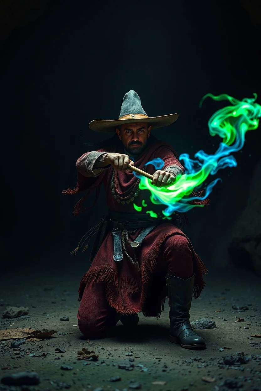 magic swirl, strong winds, true grit, Mexican native stand off fast draw poncho cowboy wizard on knees hurt punching green and blue fire ball whip while taking sight wand slinger, in dark cave ,bokeh like f/0.8, tilt-shift lens 8k, high detail, smooth render, down-light, unreal engine