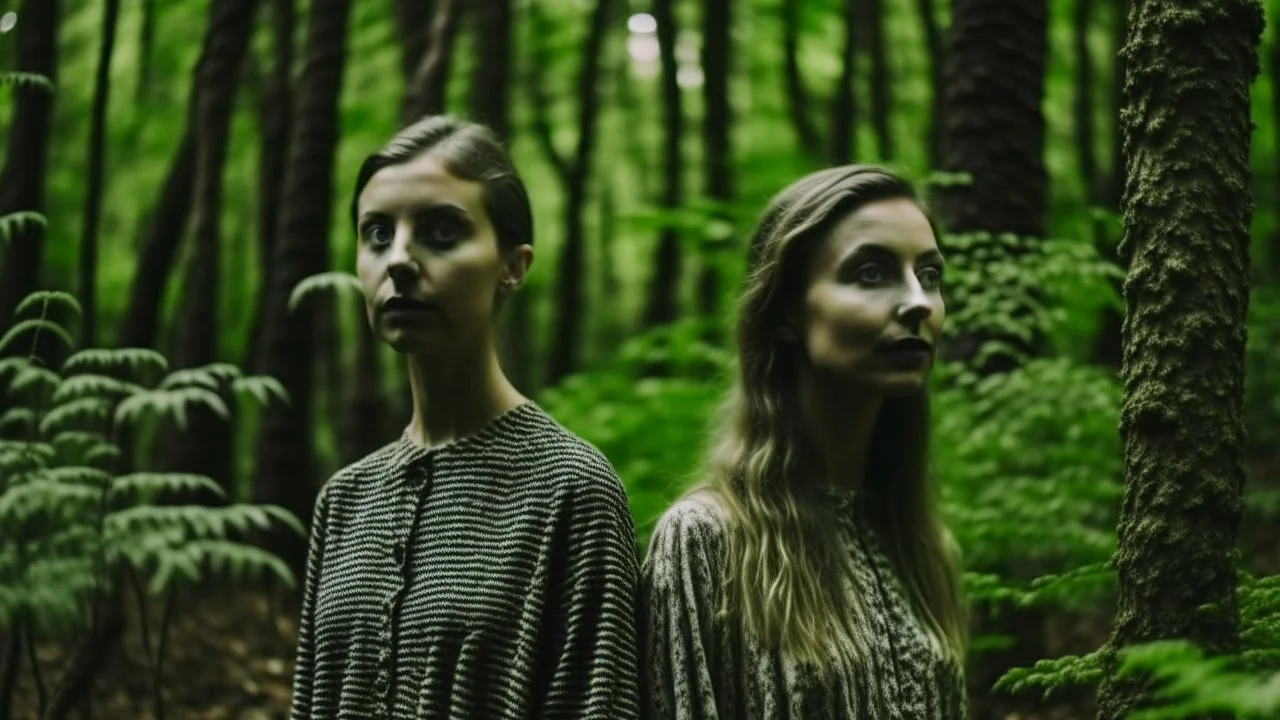 Cinematic Medium shot, young women standing in the forest holding plants, in the style of infused nature, video collages, made of veins, detailed face, dark green and white --style raw