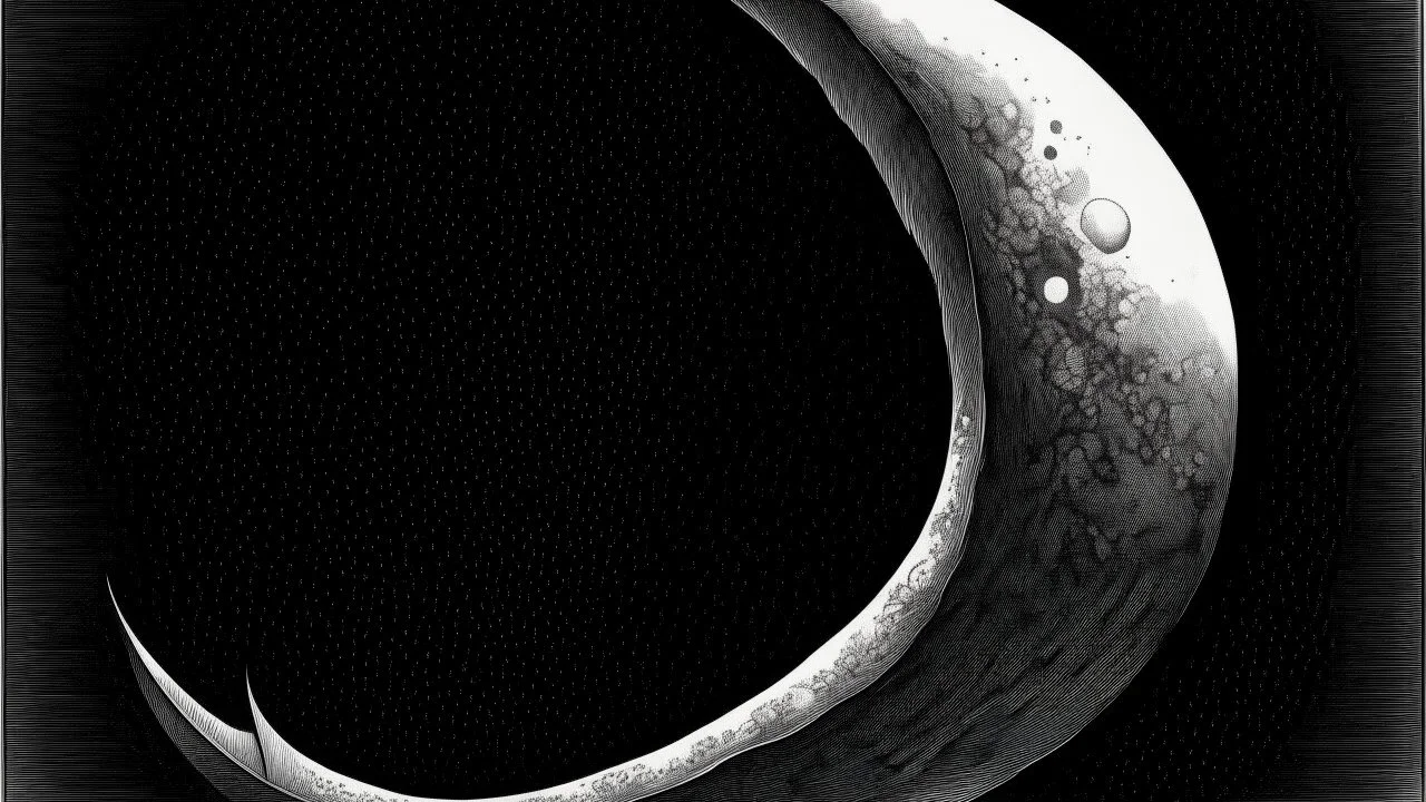 In the moon's waning moments, its diminishing crescent shape transforms into a keen-edged, predatory form, like the jaws of a cosmic entity, pencil drawing