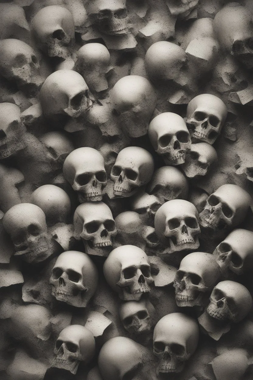 a blurry, distressing, haunting image of shattered skulls, scattered
