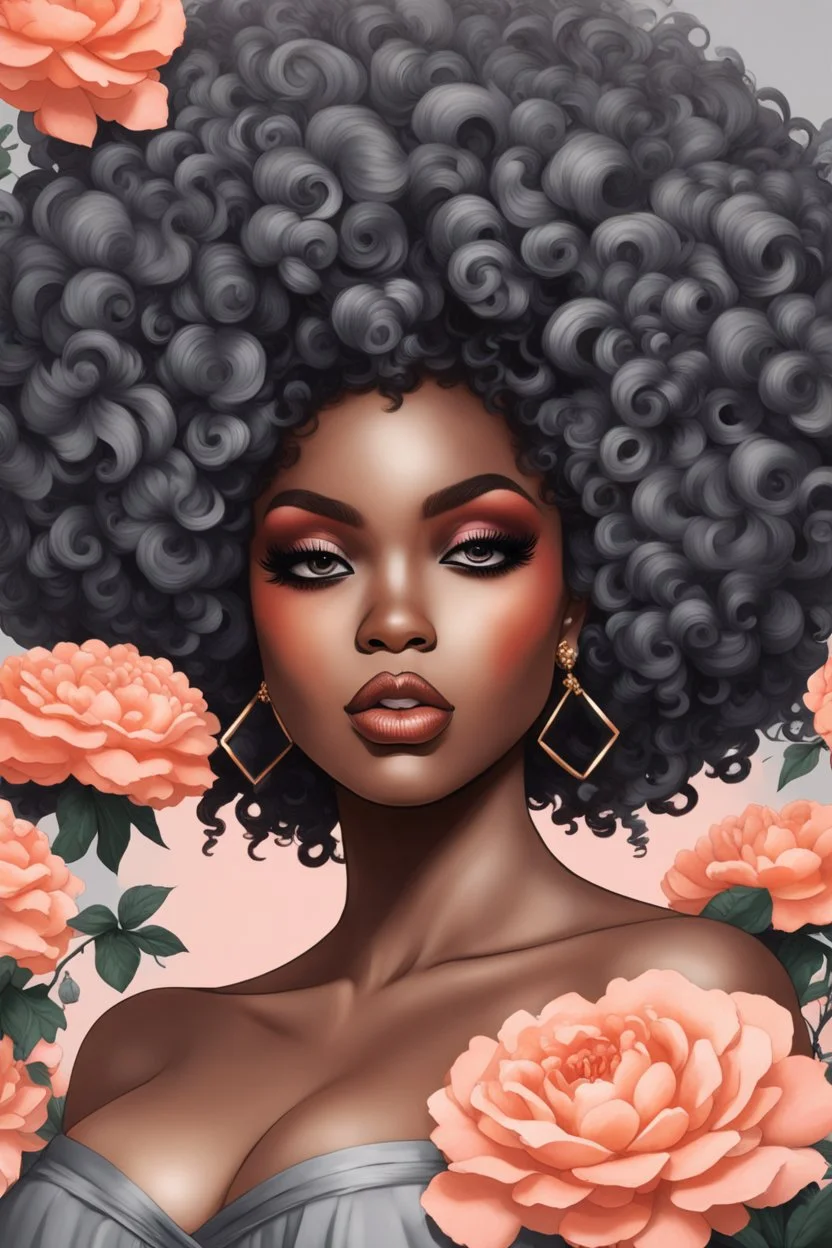 Create an pop punk image of a curvy black female wearing a grey off the shoulder blouse and she is looking down with Prominent makeup. Highly detailed tightly curly black afro. Background of large peach and grey flowers surrounding her