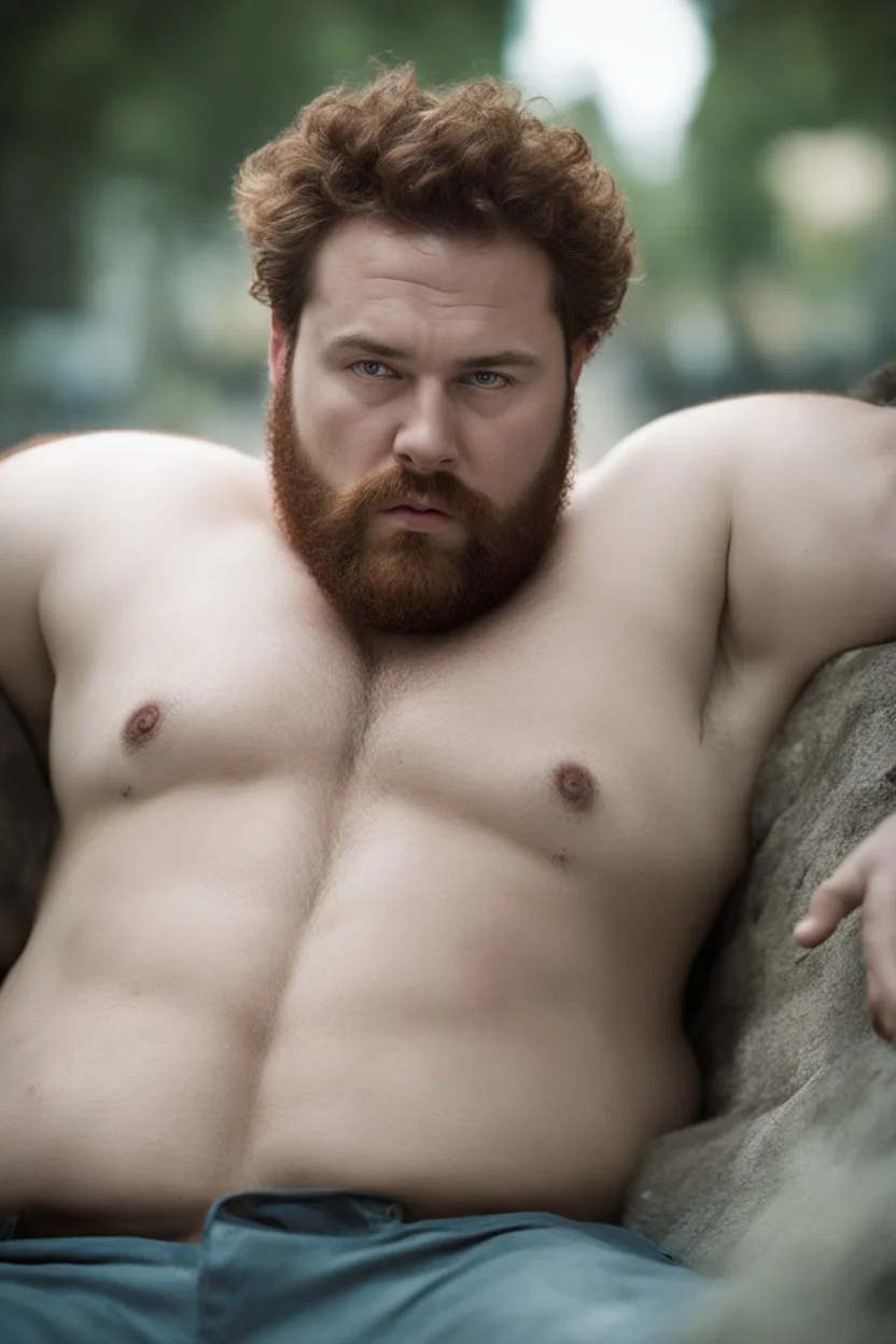 full figure photography, fat strong chubby, 35mm lens, burly italian man short hair, 27 years old lying , red beard, with hands behind the head, hairy armpits, manly armpits, ugly and dirty, manly chest, hairy chest, big shoulders, muscular chubby, manly chest, shirtless, with bulging unbuttoned boxer, sad eyes, photorealistic , dim side light, ambient occlusion, in the dark , aerial view