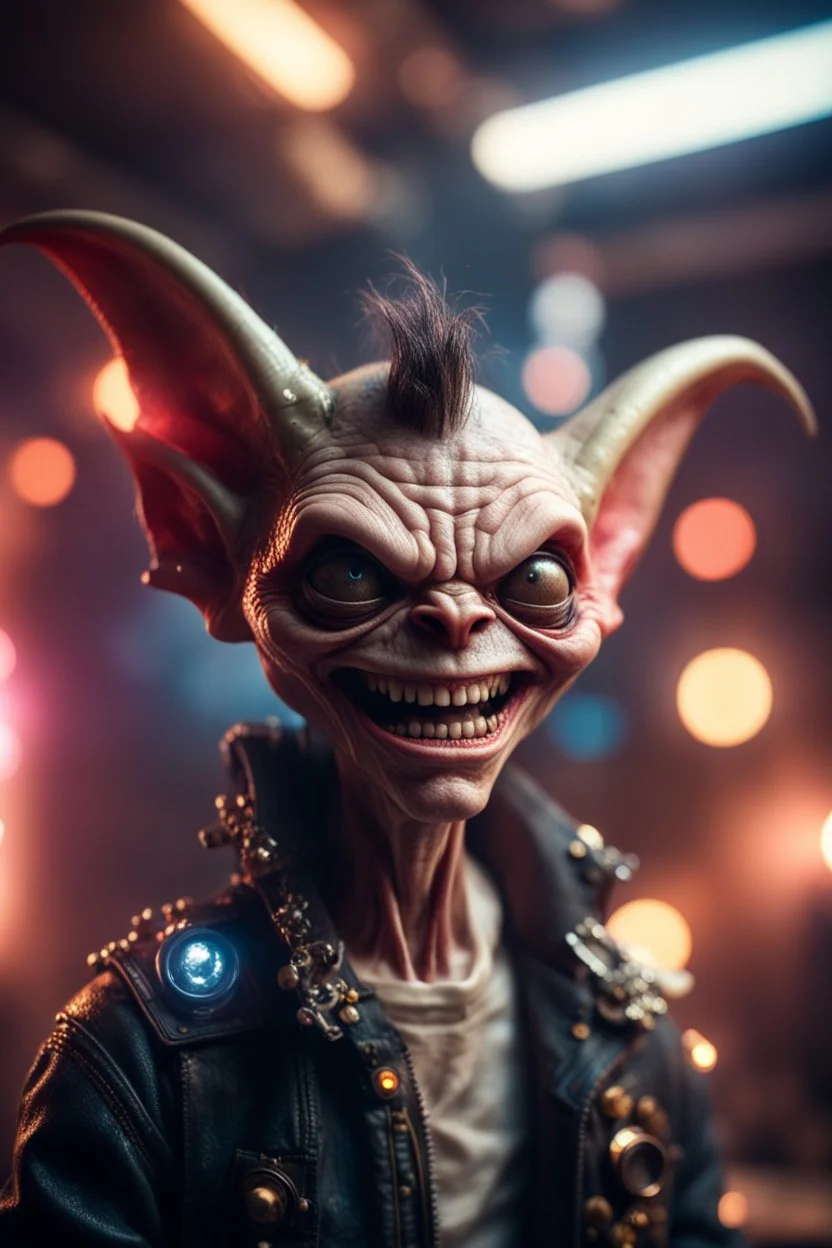 portrait through dirty photolens of ultimate transcendent happy chat gremlin vampire alien jaws carpenter punk frown with spotlights, in front of space portal dimensional glittering device, bokeh like f/0.8, tilt-shift lens 8k, high detail, smooth render, down-light, unreal engine, prize winning