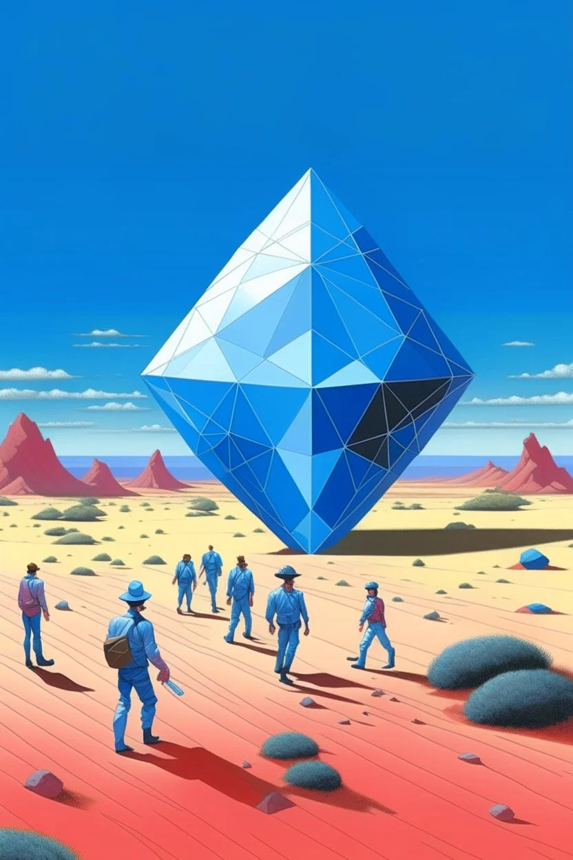 giant diamond in the desert with small people around n the style of Hiroshi Nagai