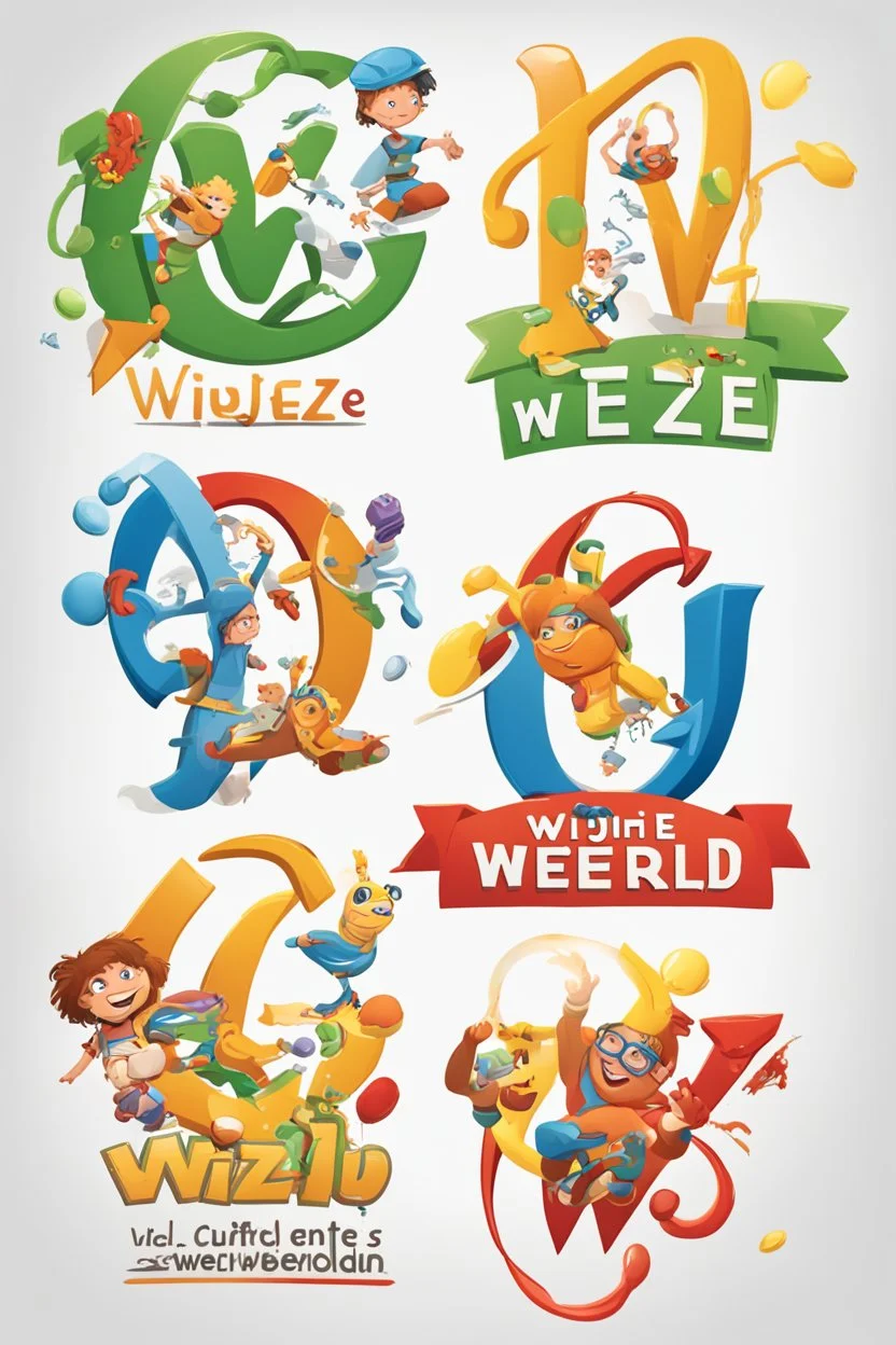 "Create a logo for a children's game program. Education is central, with 5 themes (science, culture, sports...) and primary colors. 'Wijze Weetjes Wereld' is the title. Incorporate the 3 W's from the title into the logo."