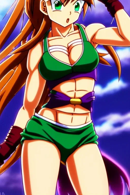 In the style of Toriyama, hyper detailed, strikingly beautiful teen female, 16 years old, long ponytail, ginger hair, green eyes, medium freckles, full lips, full body, full face, tiny breasts, athletic, centred camera, ignore NSFW, bikini, Videl, athletic