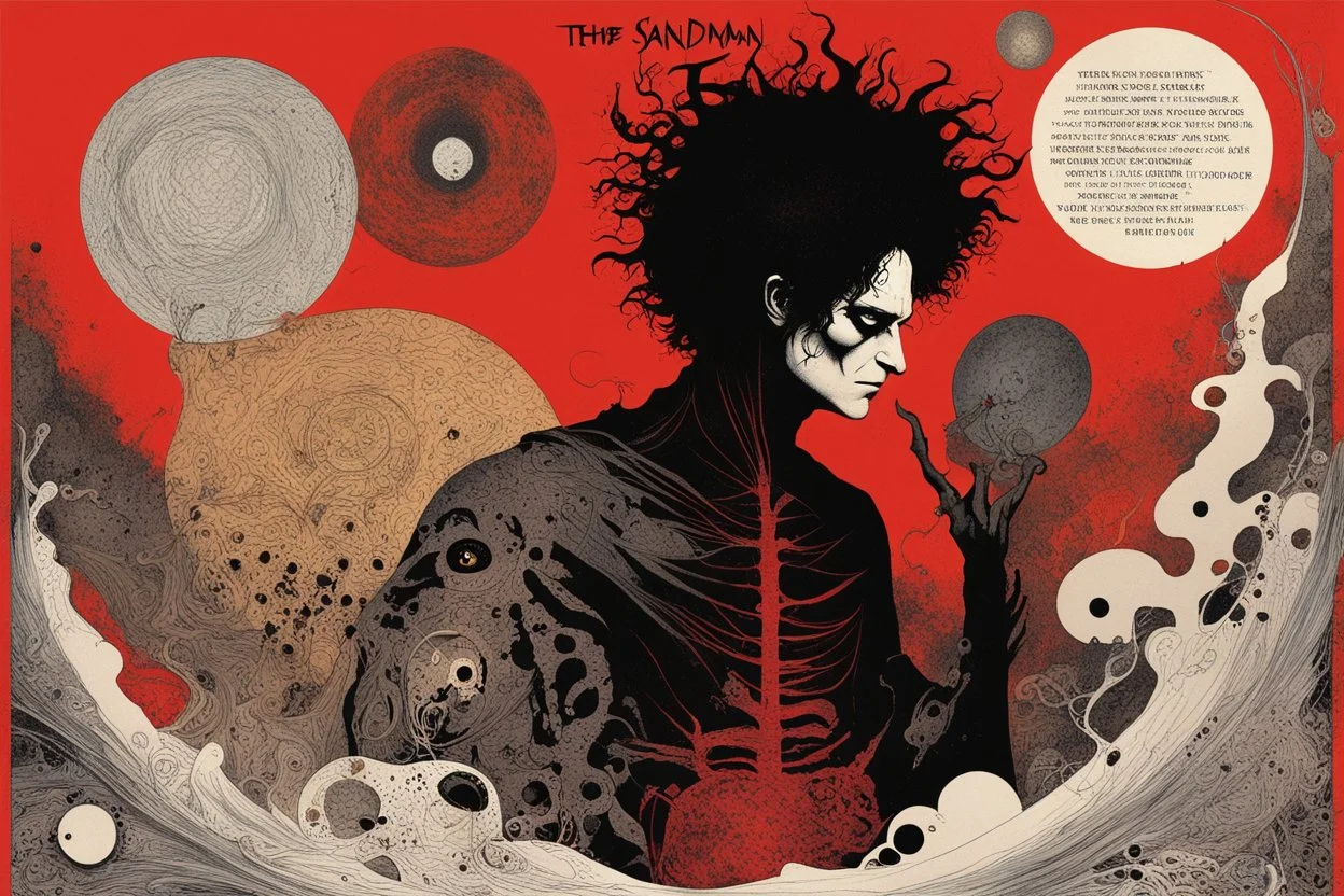 (text "THE SANDMAN":2.0) in sandman comic book font, Nightmare frequencies visualization, cartography of The Dreaming, abstract surreal art, by Graham Sutherland and Adolph Gottlieb and Dave McKean, mind-bending illustration; Neil Gaiman's "The Sandman" Cover art by Dave McKean, crisp cool colors - red hues