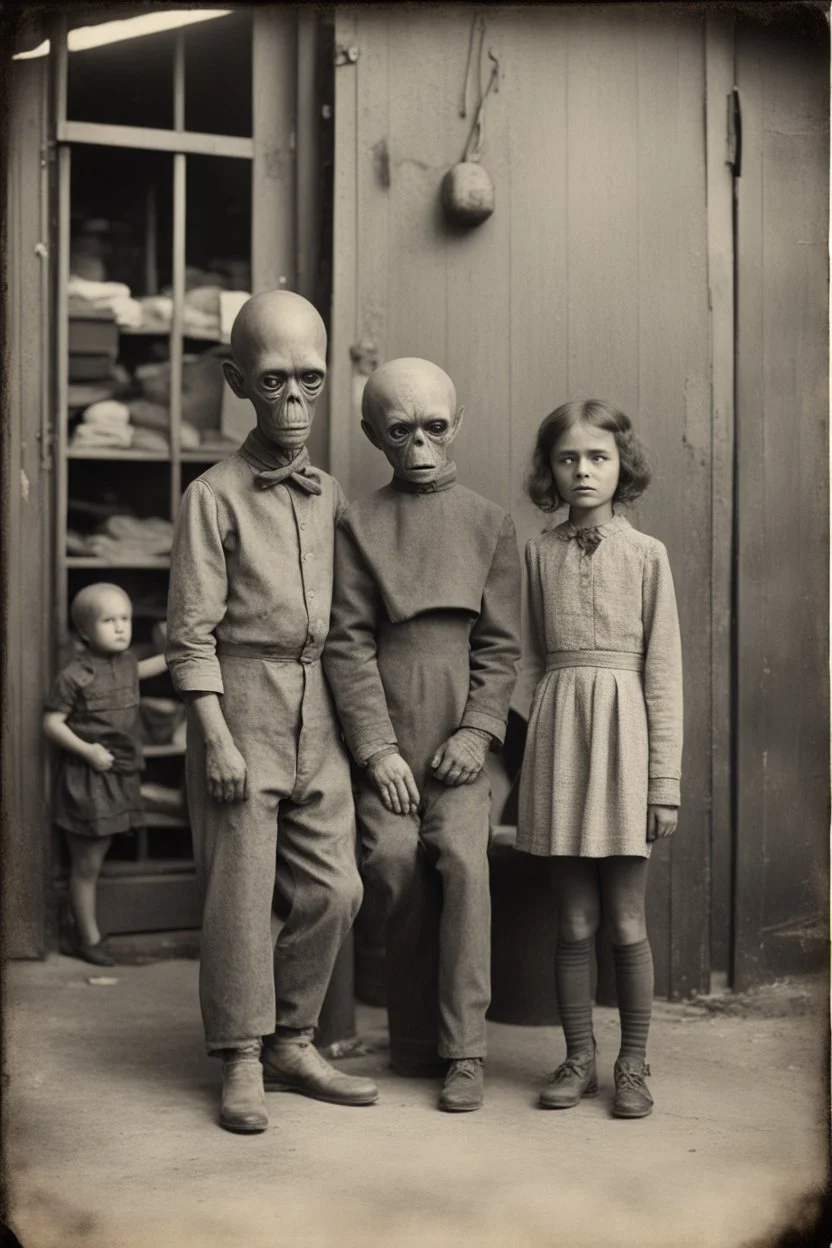 1900's black and white vintage photo, interior, teeth factory warehouse, grey alien human hybrid creature with a family that is sad, captured on square format film, grainy, aged