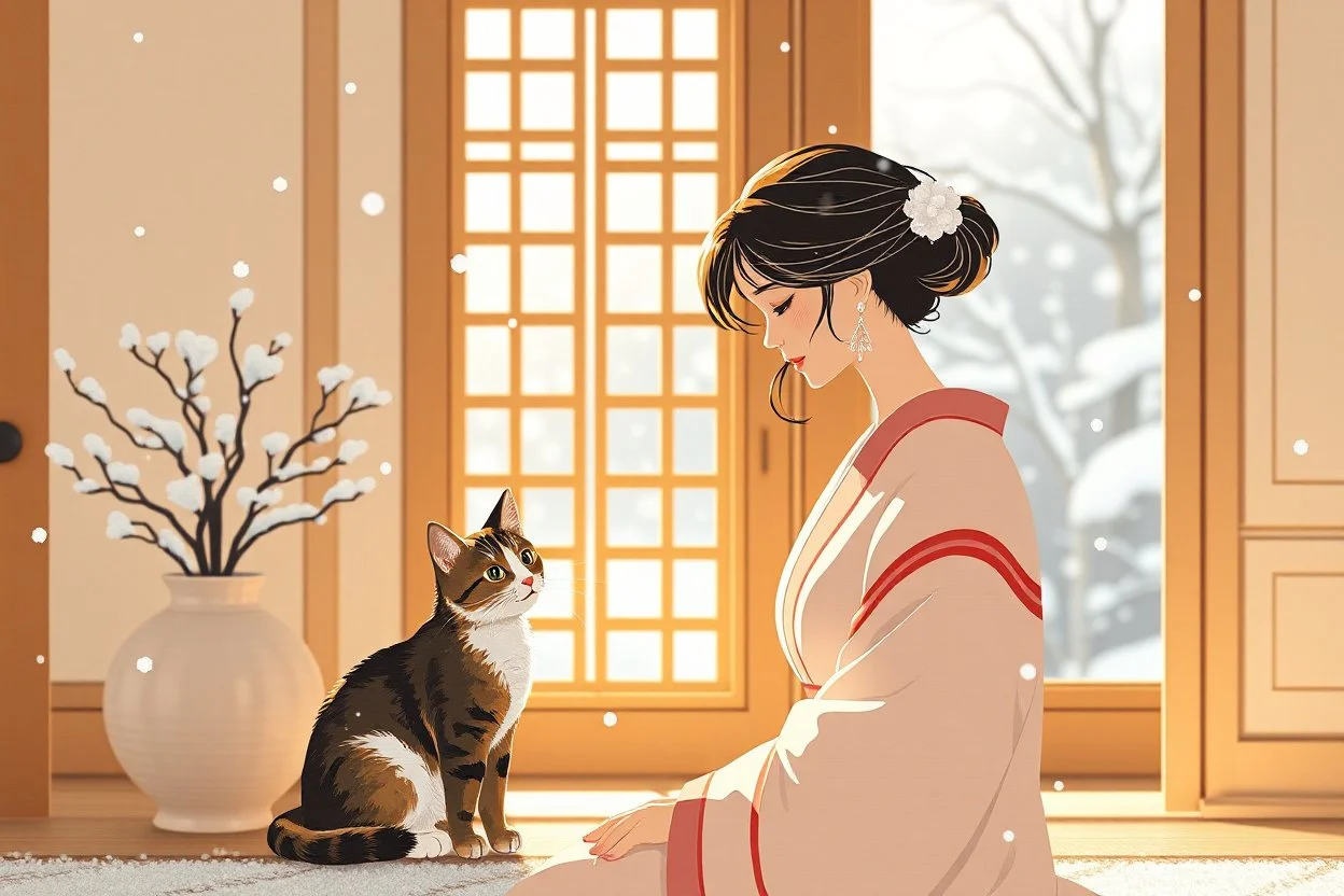 papercut, ukiyo-e, 3D characters, an elegant pretty young woman in an elegant beige-white-brown room freezing, snow and ice flakes S<AI in sunshine, cute tabby cat