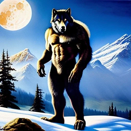 portrait of 'Werewolf',snow,mountains,River,ancient armor,painting by Earl Norem, simon Bisley,frazetta,西嘛哒, evan lee, Vallejo,kelly oil on canvas, cinematic composition, extreme detail,fit full head inside picture,8k