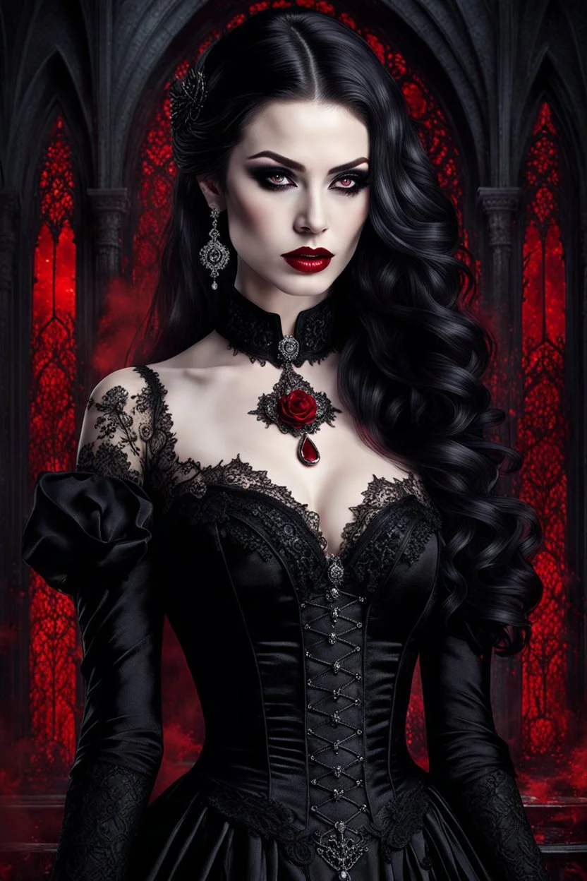 A captivating, high-resolution image of a stunningly elegant vampire woman exuding both beauty and danger. Dressed in exquisite black gothic clothing adorned with intricate details and black lace, on her dress red blood stains adding a dramatic effect. Her pale skin contrasts sharply with her dark attire, and her long, dark hair cascades down her shoulders. Holding a glass of red wine, she radiates an air of mystery. The background is dark and enigmatic, with soft, realistic lighting casting sha