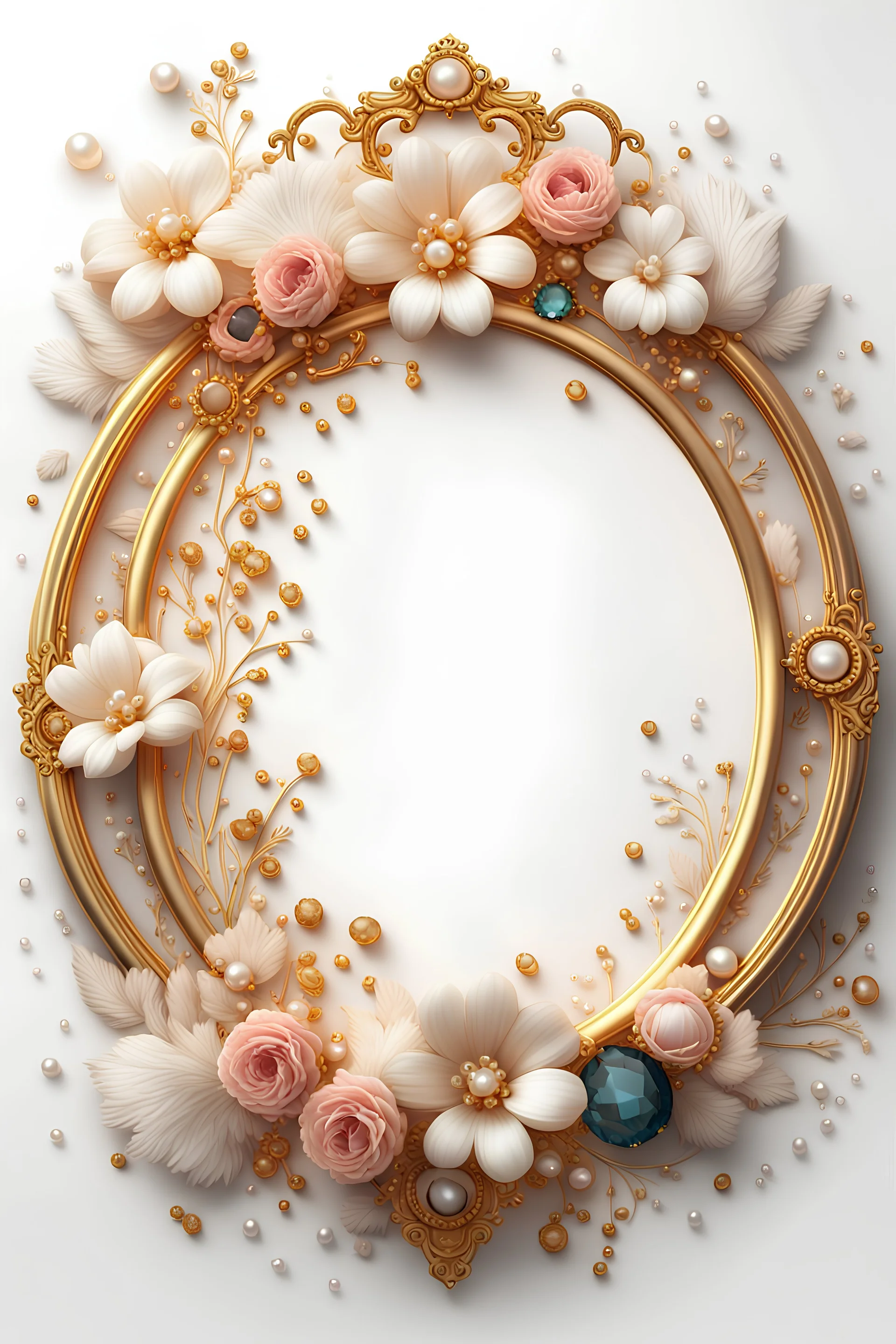 round vintage frame with flowers gold and pearls, gold precious stones on a white background, Trending on Artstation, {creative commons}, fanart, AIart, {Woolitize}, by Charlie Bowater, Illustration, Color Grading, Filmic, Nikon D750, Brenizer Method, Side-View, Perspective, Depth of Field, Field of View, F/2.8, Lens Flare, Tonal Colors, 8K, Full-HD, ProPhoto RGB, Perfectionism, Rim Lighting, Natural Lighting, Soft Lighting, Accent Lighting, Diffraction Grading, With Imperfections,
