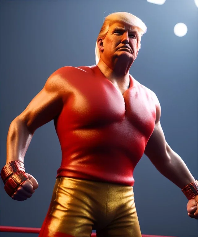 Donald trump wrestling fighter, naked torso, color breeches, suspenders, retro style, 80s, hot ambient, photo studio, red, gold, vibrant color, gradient, highly detailed, art stations, concept art, smooth, unreal engine 5, god rays, ray tracing, RTX, lumen lighting, ultra detail, volumetric lighting, 3d, finely drawn, high definition, high resolution.