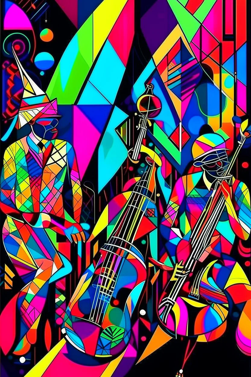 psychedelic jazz musicians with geometrical patterns and neon colors