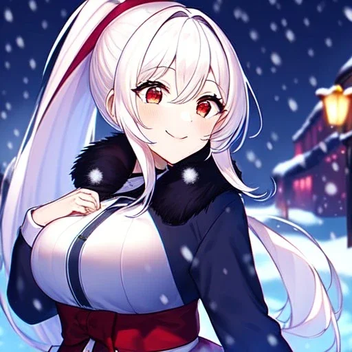 Clear focus, 8k, high quality, detailed, beautiful lighting, girl, vibrant colors, white long hair, vibrant red eyes, snowing, winter clothes, ponytail, smile,