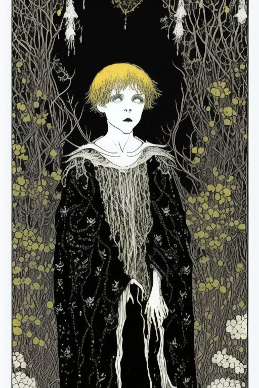 7 year old boy, friendly, looks dead, with weird mushrooms growing out of him, wearing black robes, in the style of Harry Clarke