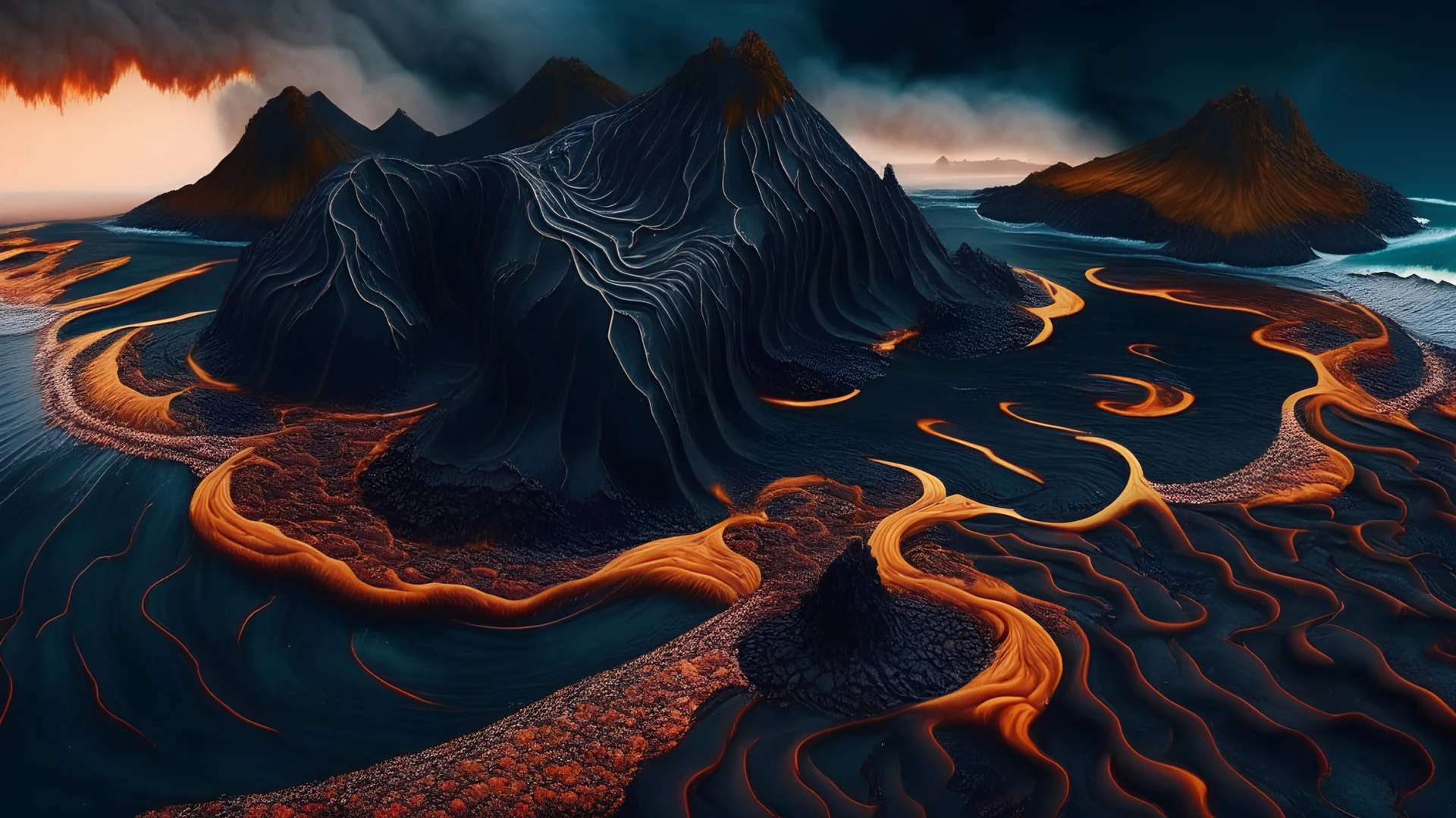 A volcanic island with black sand beaches, surrounded by lava that flows into the ocean, forming otherworldly patterns