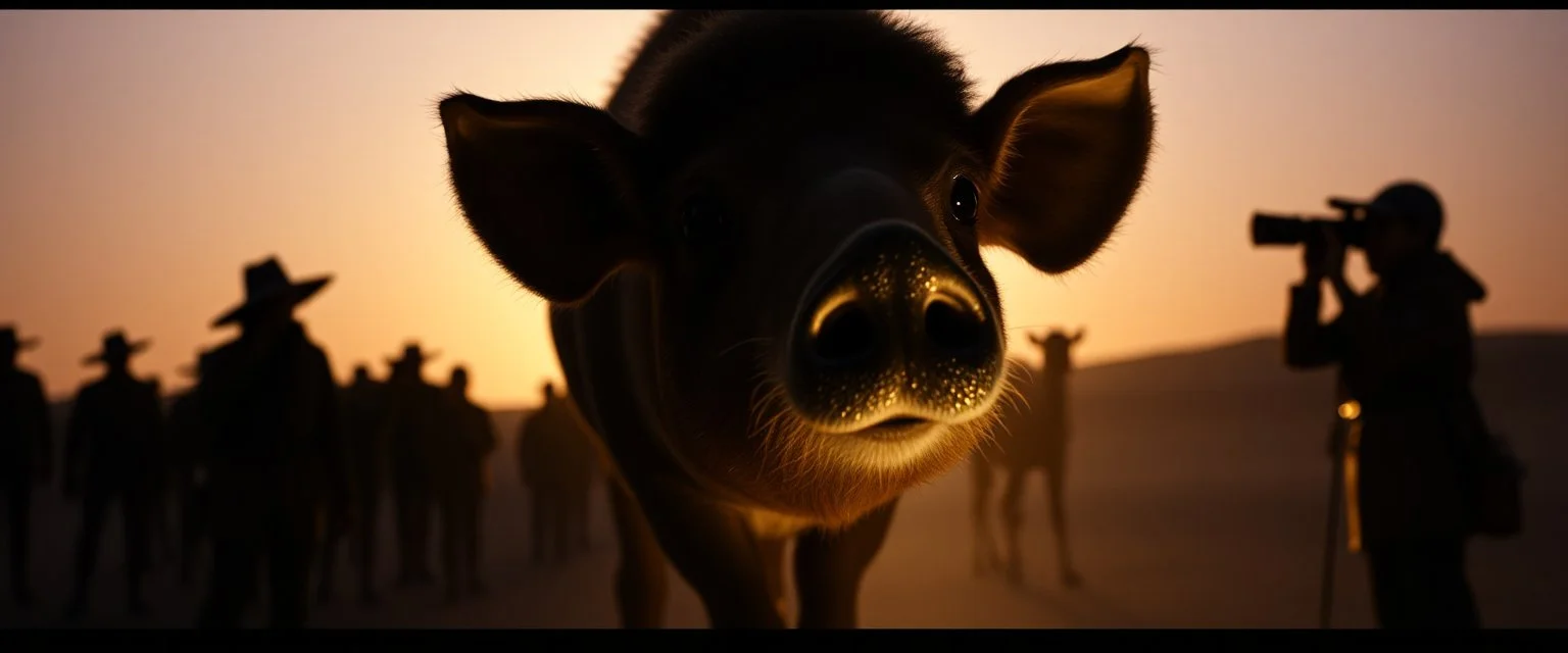 in aula: showing slides of a Climax / Camel Pig Reveal (2:30–3:30) Final still(s) show Camel Pig entering the scene fully Large, glittering humps, disco-ball eyes, dramatic lighting Explorer reacts (gesture / silhouette) Music peaks, maybe a slight slow-motion pan across the Camel Pig