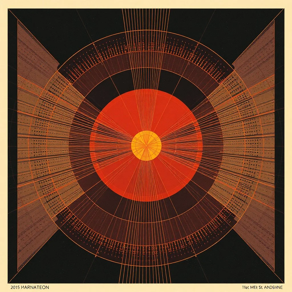 🏁♎⛓️ schematic of solar system warming trends, Braille language textures, abstract geometric art, straight lines and precise angles, style and composition by Arthur Secunda and Anton Semenov and Squeak Carnwath and Wassily Kandinsky, mind-bending illustration; sci-fi poster art, asymmetric, 2D, red hues, warm colors, dark background