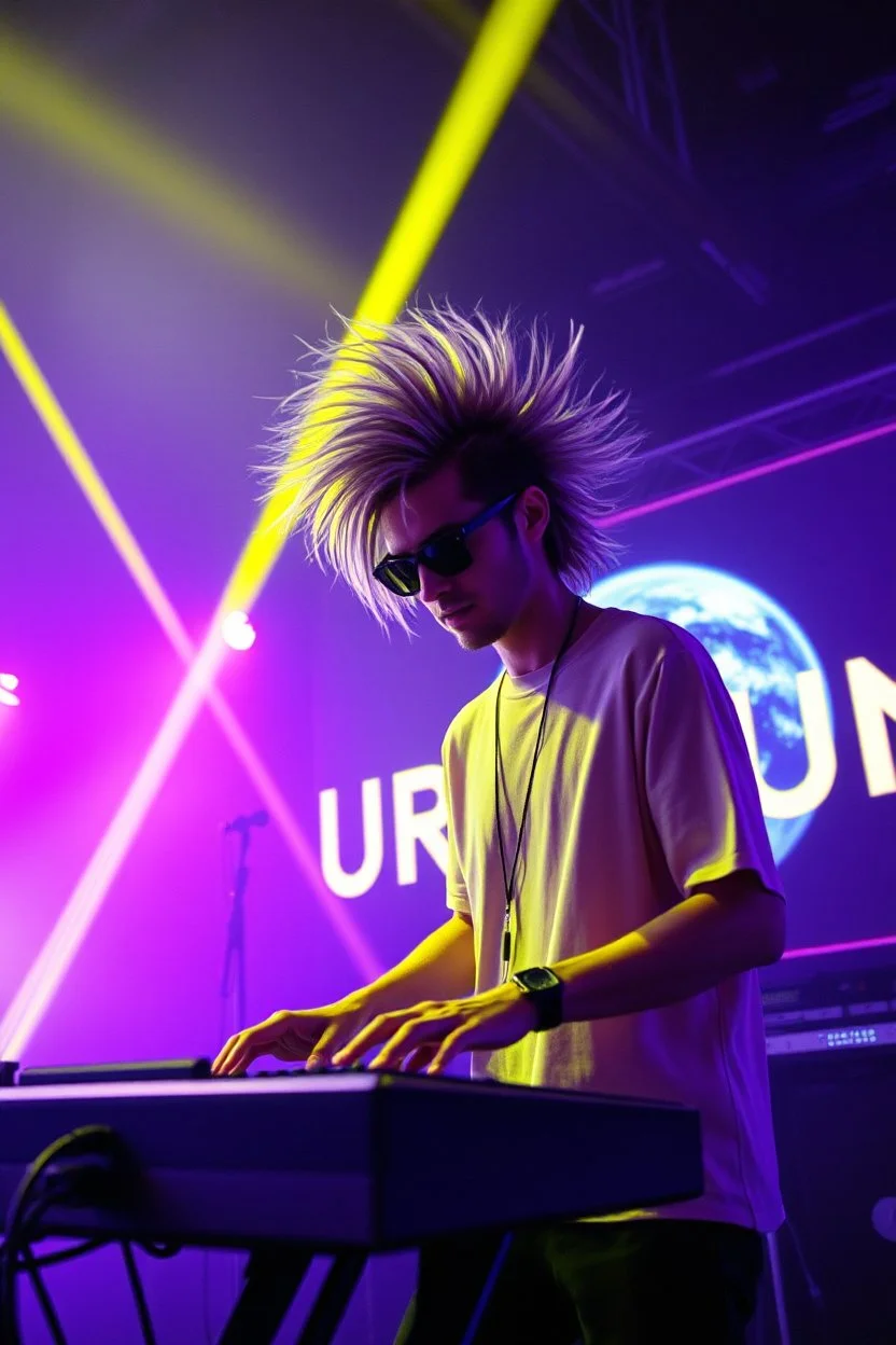 French cool synth player with crazy techno acid hair, he is called "Jean-Maurice Brûlée" performing at dance club, his name is "Jean-Maurice Brûlée" , white and purple Neon lights and purple smog, yellow water shower rain sprays, and "URINIUM" big sign on the wall, he is playing on synthesizers on stage with lot of laser beams and wearing black sunglasses, an earth is projected in background