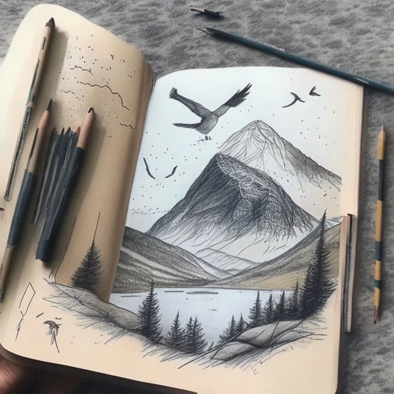 drawing in a sketch book of a landscape with mountains and a bird sitting in the forground.