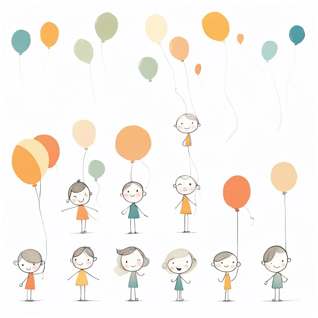 Charming stylized characters. Large heads, big expressive eyes, small, delicate features. Done in the playful and minimalist style of modern children’s book illustration. Diffused outlines, misty, dream-like quality. Colors are warm and subdued illustrating a cheerful demeanor. With a touch of quirkiness. Show me a cute young kid with a balloon in the shape of a big fractal-decoration-covered fish standing on s little planet floating in a sky painted with stars, suns and planets like ones one wo