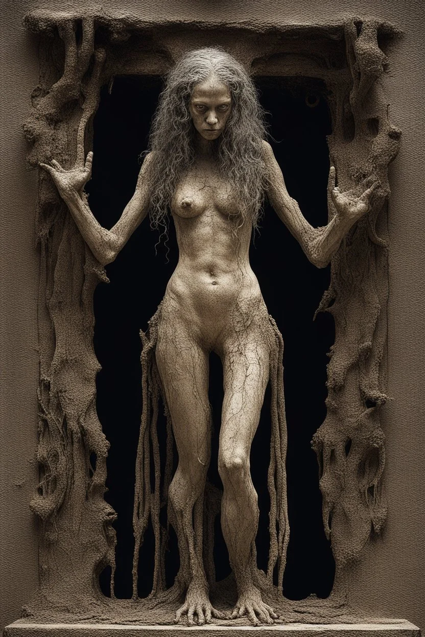 sculpture of beautiful girl with long curly hair , half the body , front view . decayed and rotting with grotesque proportions and imagery. grotesqueries, detailed texture, surreal horror, biomechanical design, by hr giger and beksinski