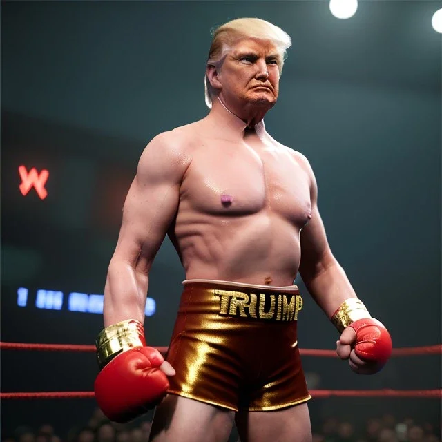 Donald trump fighter wrestling, naked torso, color breeches, suspenders, retro style, 80s, hot ambient, photo studio, red, gold, vibrant color, gradient, highly detailed, art stations, concept art, smooth, unreal engine 5, god rays, ray tracing, RTX, lumen lighting, ultra detail, volumetric lighting, 3d, finely drawn, high definition, high resolution.