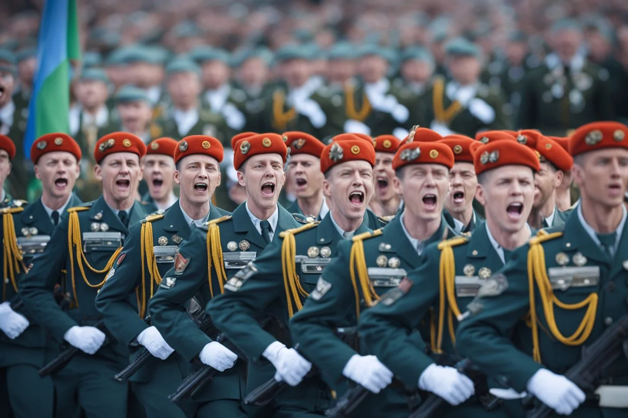 Soldiers marching in formation; military parade; passionately shouting;