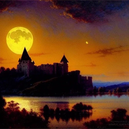 Drawing of 'Medieval Romanian Castle',bats,mountain,lake,full moon, by gaston bussiere, greg rutkowski, yoji shinkawa, yoshitaka amano, tsutomu nihei, donato giancola, tim hildebrandt, oil on canvas, cinematic composition, extreme detail,fit full head inside picture,16k