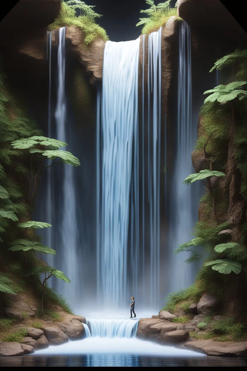 diorama waterfall, photorealistic, art by greg rutkowski, art by david mann, hypercube, 3d Design Vector Illustrations, by hazem taham, wet-erase marker, omnidimensional, volumetric lighting, smooth, anime,