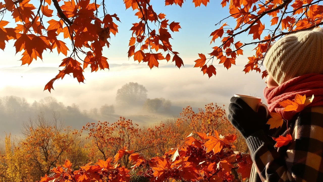 Autumn: falling leaves, Misty mornings, fog over distant fields or forests, sunshine; people wearing scarves, woolly hats, gloves, holding mugs of steaming hot drinks; chestnuts, acorns, berries, rowan, holly, mistletoe; birds migrating; squirrels gathering nuts; beautiful colours, atmospheric. Award winning photograph.