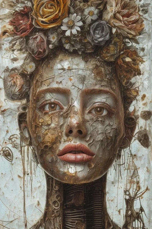 an abstract painting of rusted metal and flowers, by anselm kiefer and lucian freud, rust, scaffolding, iron cladding, decay, mixed media, textured, anatomically correct, beautiful perfect face, sharp focus, highly detailed