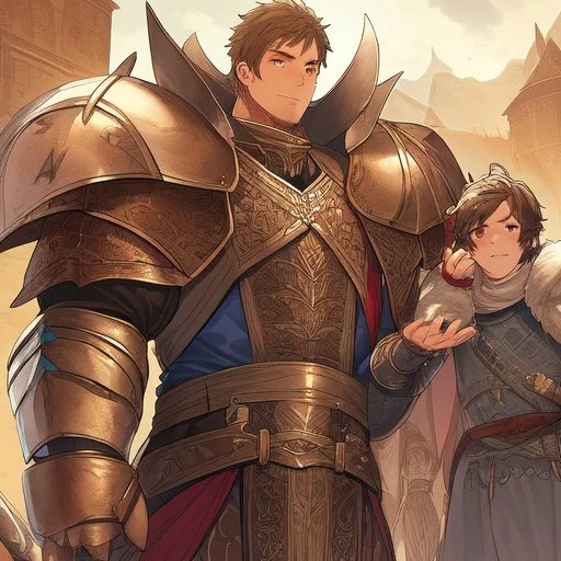 A shy young boy in medieval iron armor with short brown hair