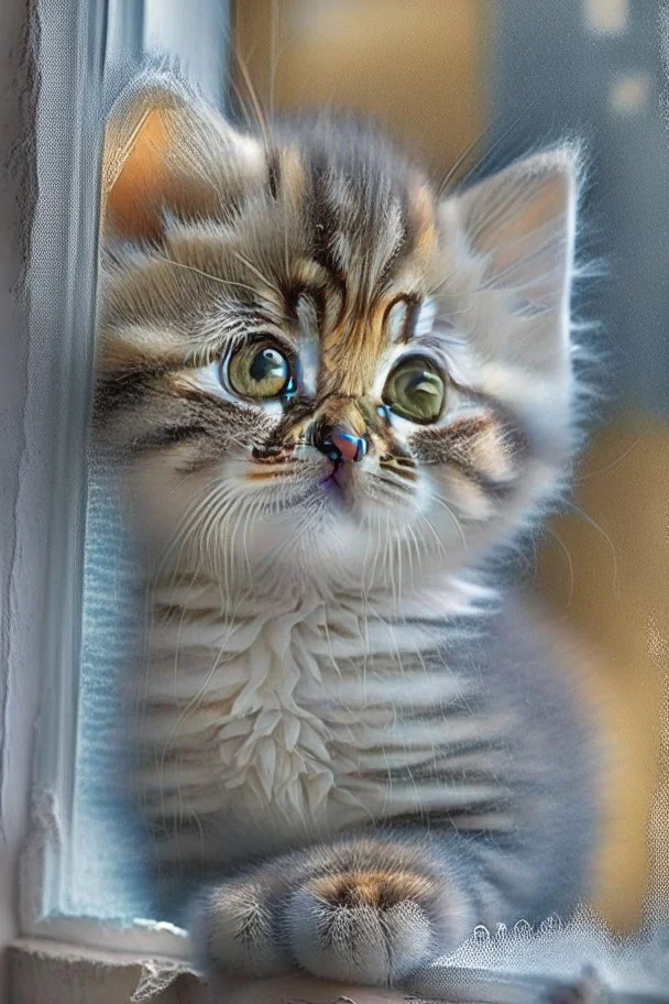 Cute kitten face pressed up against the window