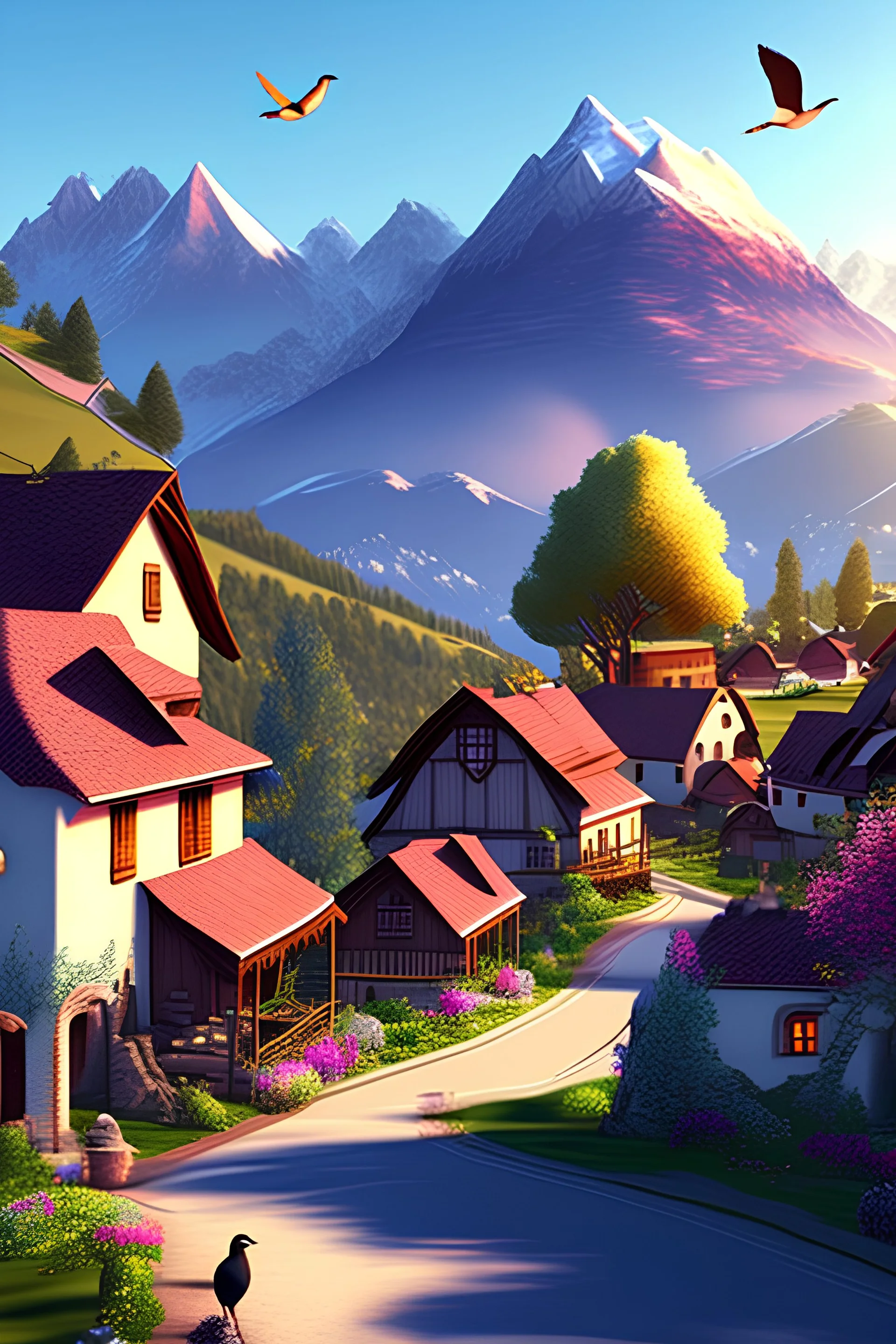Beautiful village, houses, Mountains, trees, birds, beautiful,3d illustration.